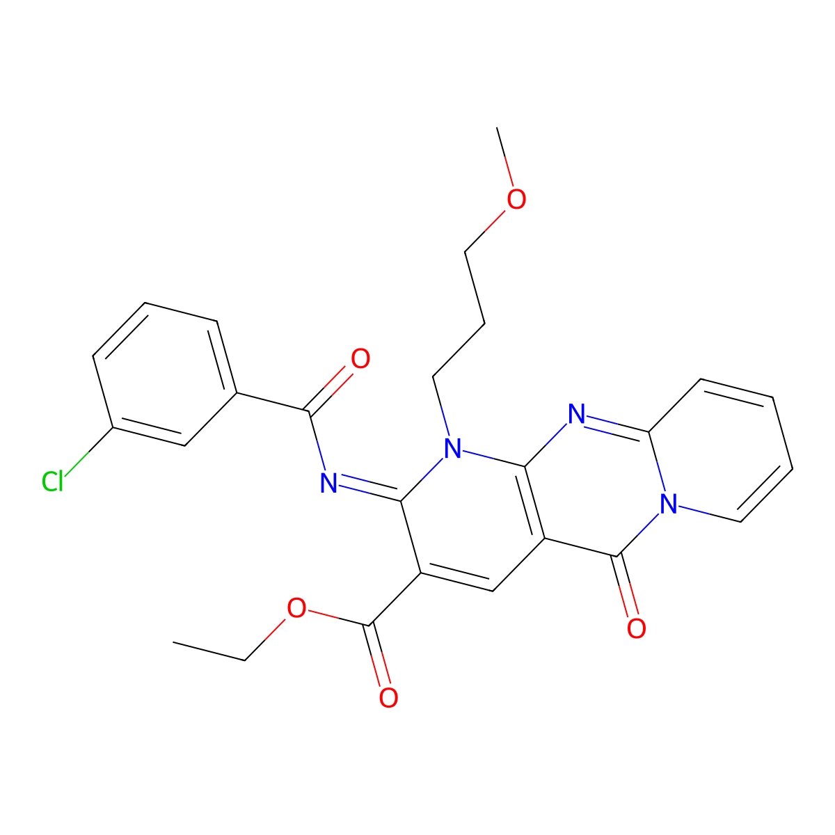 (Z)-ethyl 2-((3-chlorobenzoyl)imino)-1-(3-methoxypropyl)-5-oxo-2,5-dihydro-1H-dipyrido[1,2-a:2',3'-d]pyrimidine-3-carboxylate molecular structure, CAS 443097-08-3