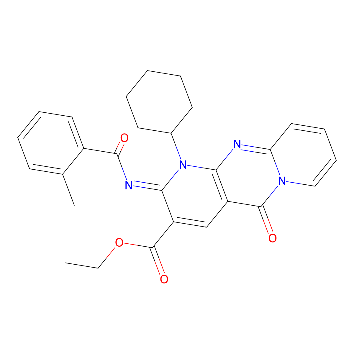 (Z)-ethyl 1-cyclohexyl-2-((2-methylbenzoyl)imino)-5-oxo-2,5-dihydro-1H-dipyrido[1,2-a:2',3'-d]pyrimidine-3-carboxylate molecular structure, CAS 443097-10-7