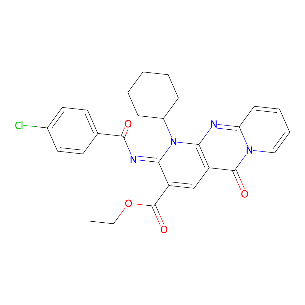 (Z)-ethyl 2-((4-chlorobenzoyl)imino)-1-cyclohexyl-5-oxo-2,5-dihydro-1H-dipyrido[1,2-a:2',3'-d]pyrimidine-3-carboxylate molecular structure, CAS 443097-15-2