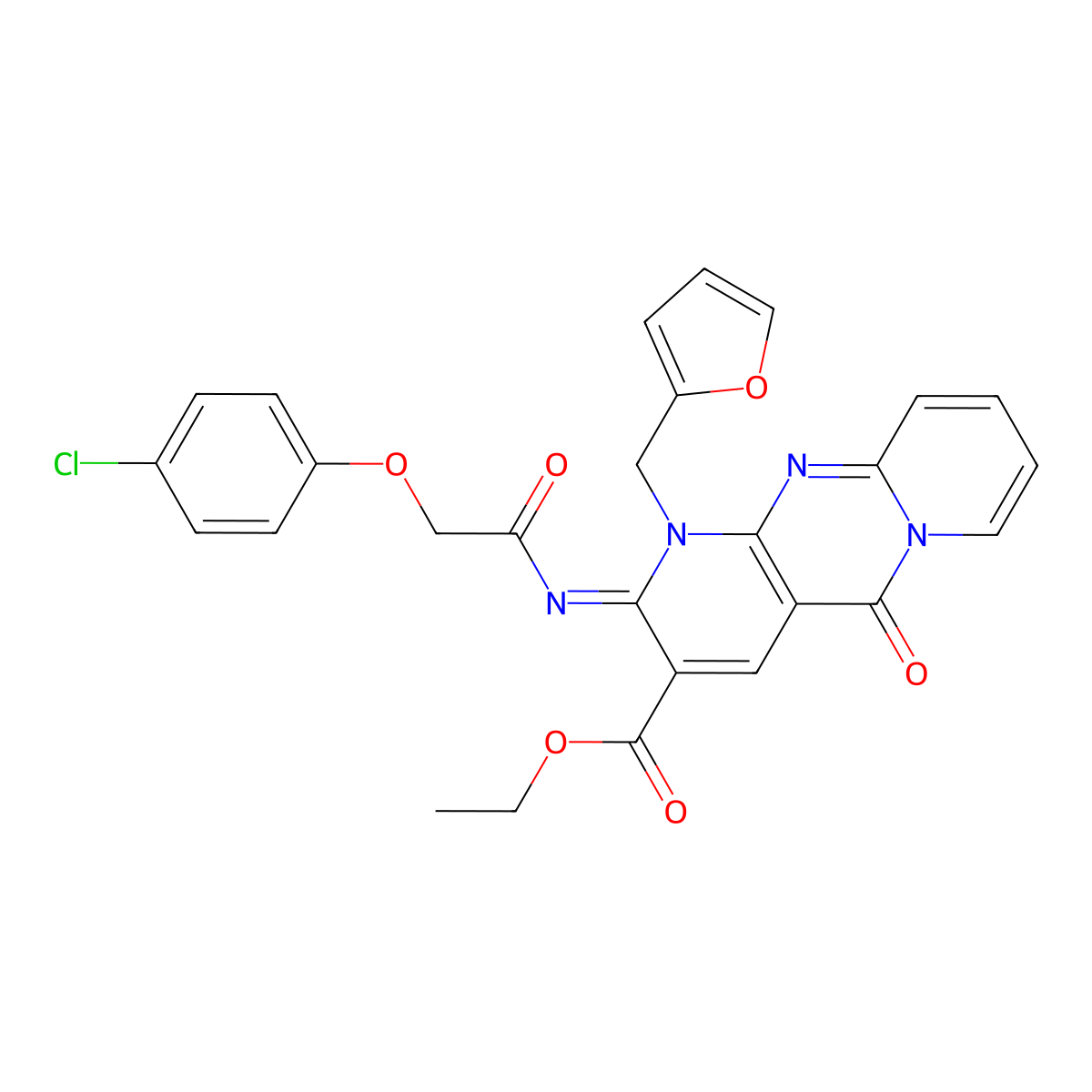 (Z)-ethyl 2-((2-(4-chlorophenoxy)acetyl)imino)-1-(furan-2-ylmethyl)-5-oxo-2,5-dihydro-1H-dipyrido[1,2-a:2',3'-d]pyrimidine-3-carboxylate molecular structure, CAS 443097-23-2