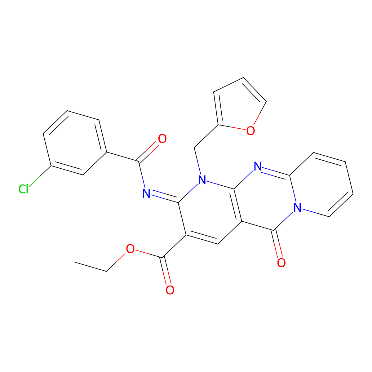(Z)-ethyl 2-((3-chlorobenzoyl)imino)-1-(furan-2-ylmethyl)-5-oxo-2,5-dihydro-1H-dipyrido[1,2-a:2',3'-d]pyrimidine-3-carboxylate molecular structure, CAS 443097-25-4