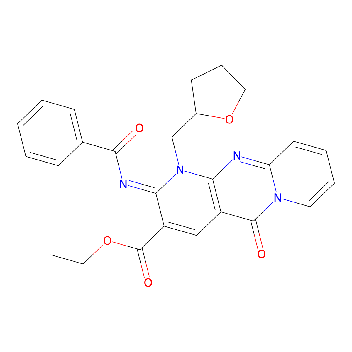 (Z)-ethyl 2-(benzoylimino)-5-oxo-1-((tetrahydrofuran-2-yl)methyl)-2,5-dihydro-1H-dipyrido[1,2-a:2',3'-d]pyrimidine-3-carboxylate molecular structure, CAS 443097-26-5
