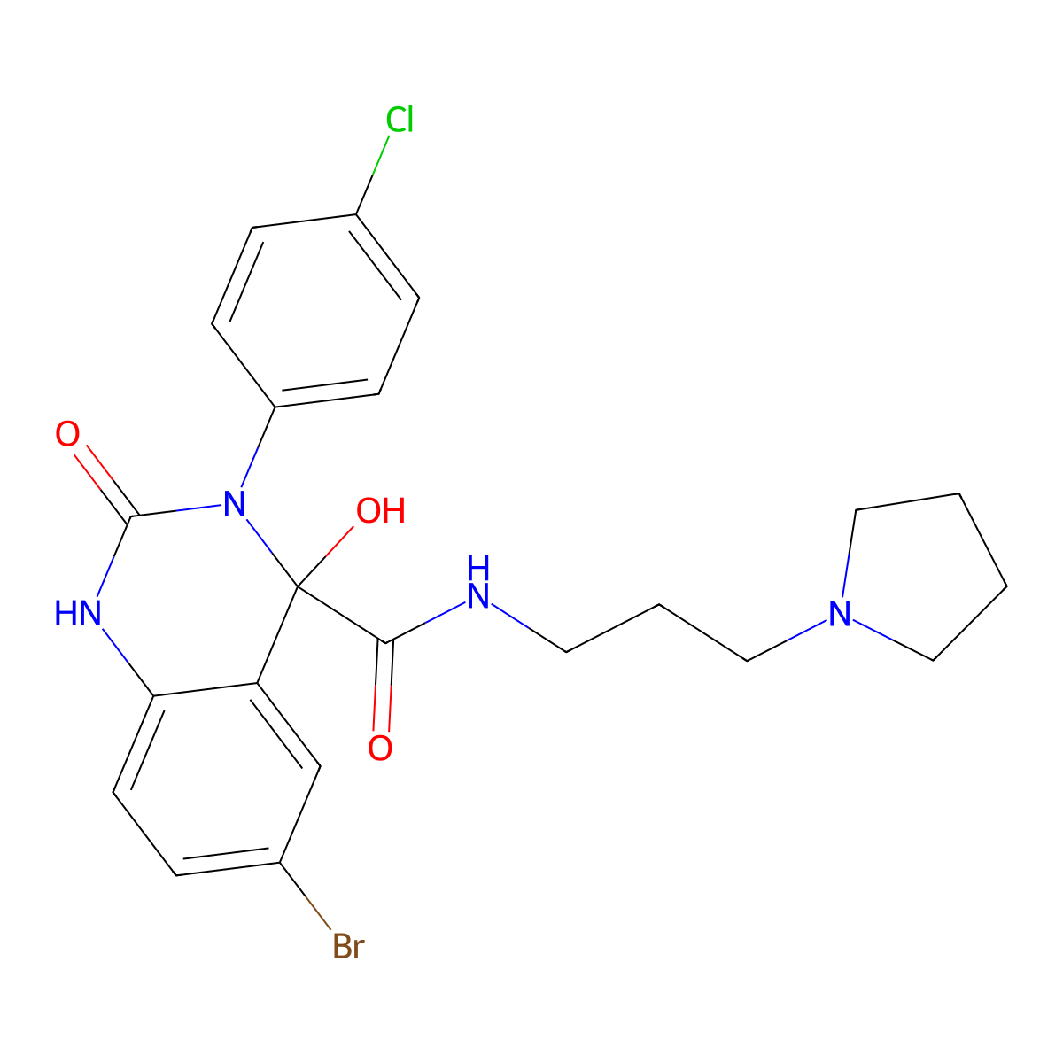 6-bromo-3-(4-chlorophenyl)-4-hydroxy-2-oxo-N-(3-(pyrrolidin-1-yl)propyl)-1,2,3,4-tetrahydroquinazoline-4-carboxamide molecular structure, CAS 443101-53-9