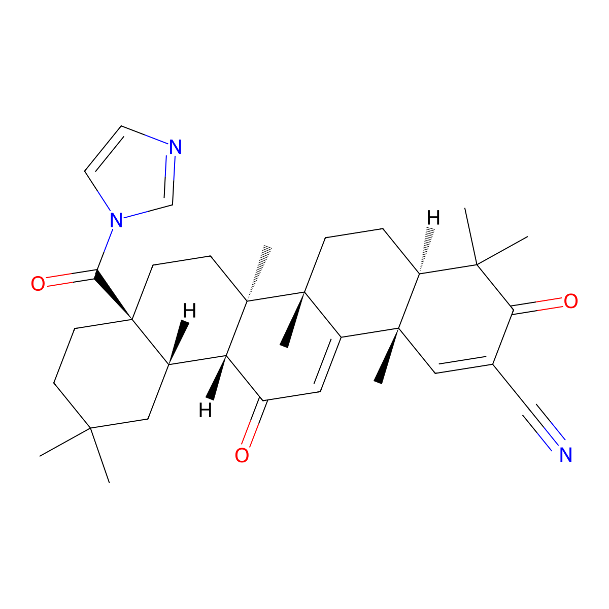 (4aR,6aR,6aS,6bR,8aS,12aS,14bS)-8a-(imidazole-1-carbonyl)-3,13-diketo-4,4,6a,6b,11,11,14b-heptamethyl-4a,5,6,6a,7,8,9,10,12,12a-decahydropicene-2-carbonitrile molecular structure, CAS 443104-02-7