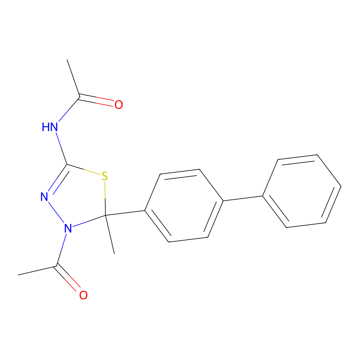 N-[4-acetyl-5-(biphenyl-4-yl)-5-methyl-4,5-dihydro-1,3,4-thiadiazol-2-yl]acetamide molecular structure, CAS 443105-34-8