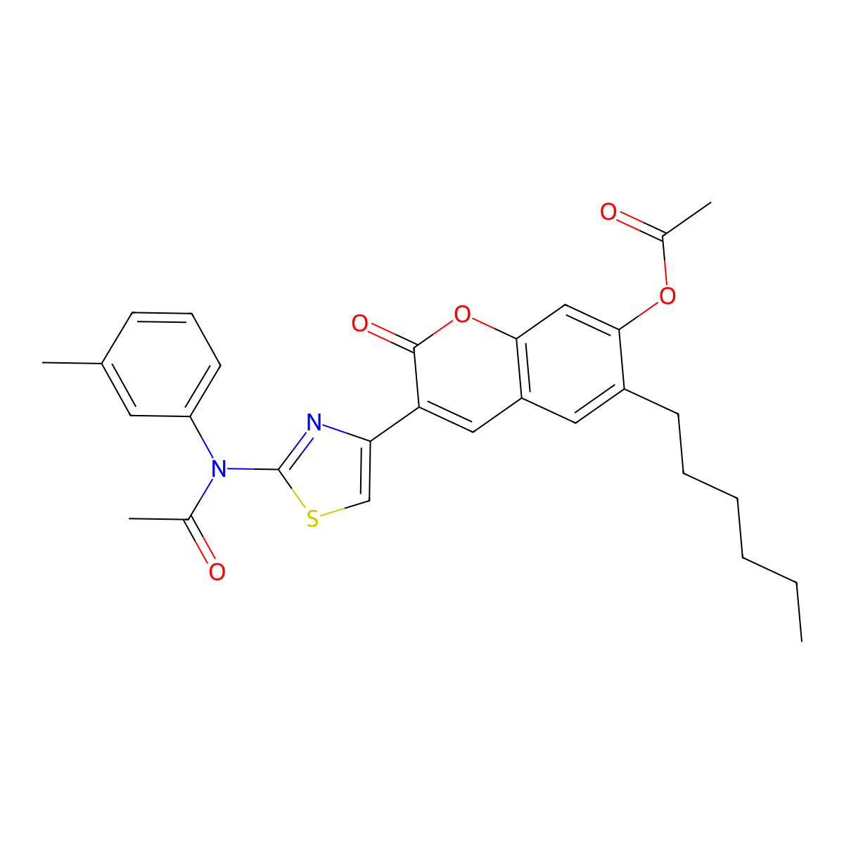 N-[4-[7-(Acetyloxy)-6-hexyl-2-oxo-2H-1-benzopyran-3-yl]-2-thiazolyl]-N-(3-methylphenyl)acetamide molecular structure, CAS 443107-15-1