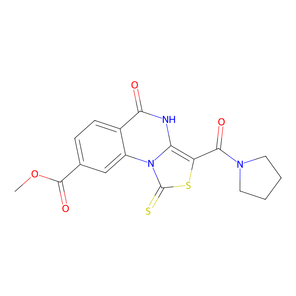 methyl 5-oxo-3-(pyrrolidine-1-carbonyl)-1-sulfanylidene-1H,4H,5H-[1,3]thiazolo[3,4-a]quinazoline-8-carboxylate molecular structure, CAS 443108-44-9