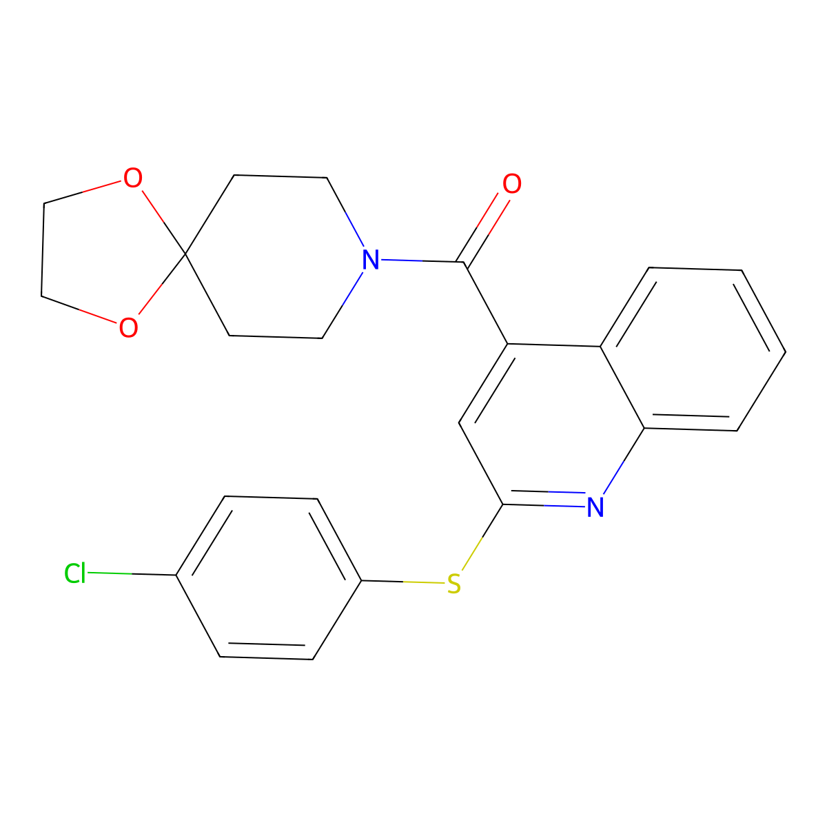 (2-((4-Chlorophenyl)thio)quinolin-4-yl)(1,4-dioxa-8-azaspiro[4.5]decan-8-yl)methanone molecular structure, CAS 443109-75-9