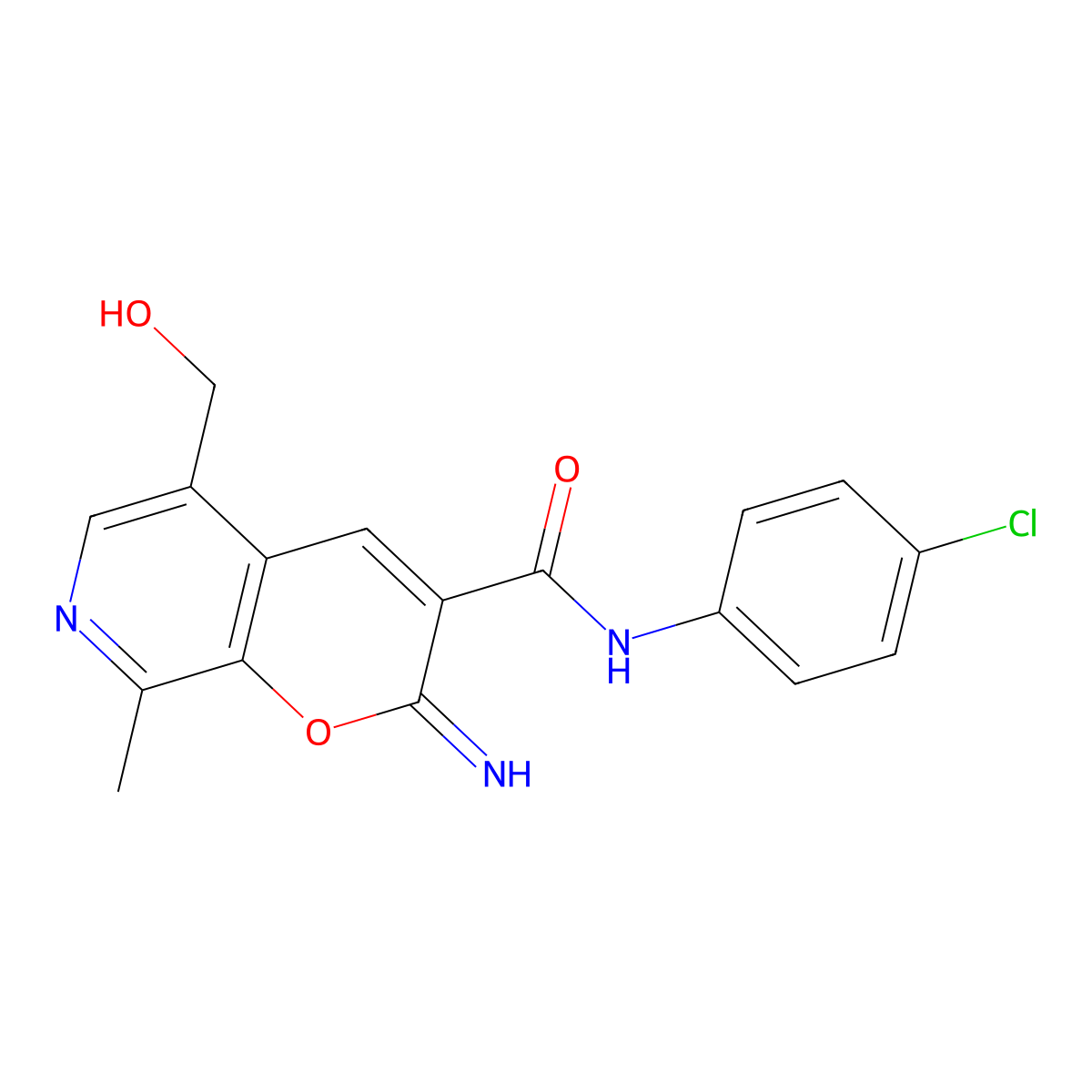 N-(4-chlorophenyl)-5-(hydroxymethyl)-2-imino-8-methylpyrano[2,3-c]pyridine-3-carboxamide molecular structure, CAS 443116-31-2