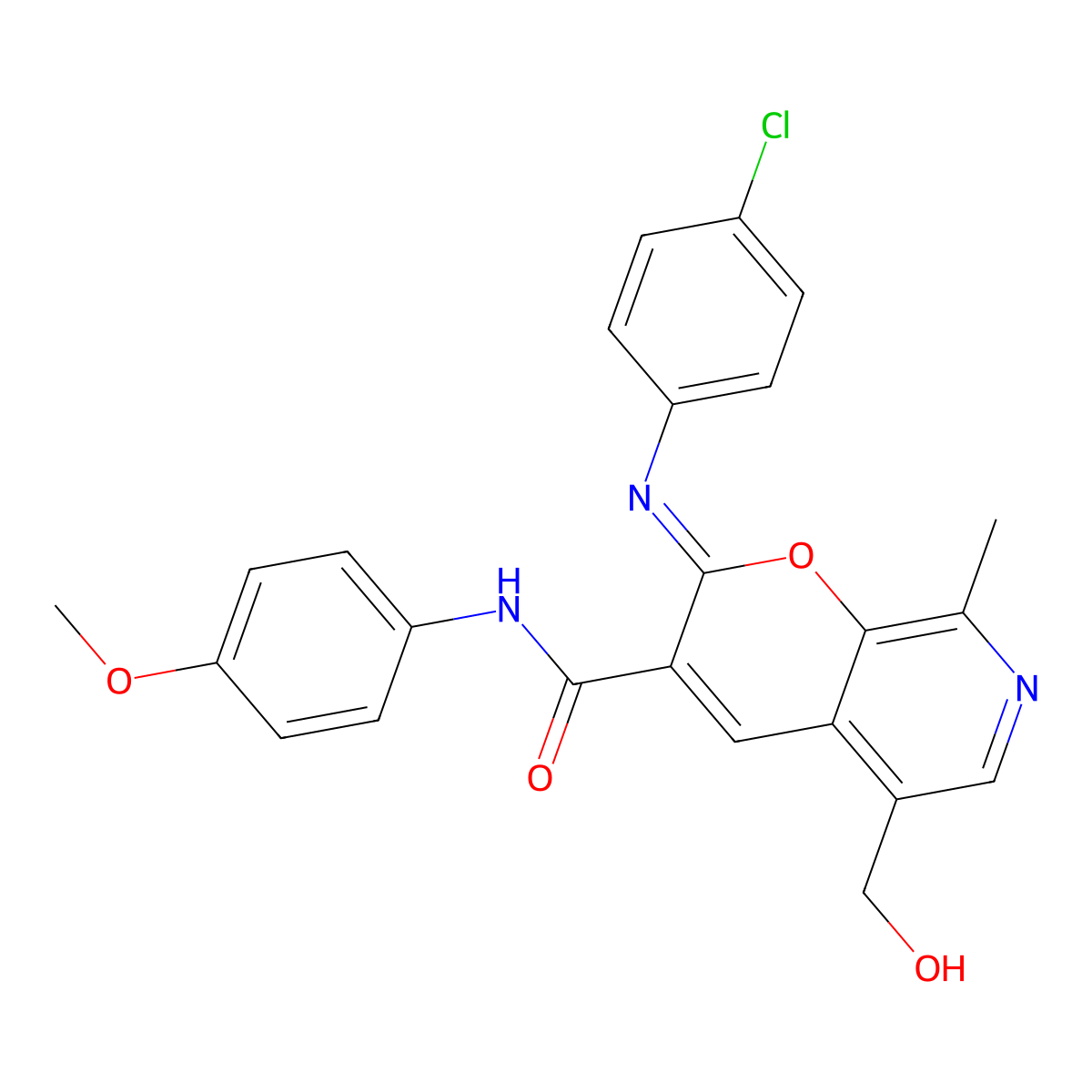 (2Z)-2-[(4-chlorophenyl)imino]-5-(hydroxymethyl)-N-(4-methoxyphenyl)-8-methyl-2H-pyrano[2,3-c]pyridine-3-carboxamide molecular structure, CAS 443116-95-8