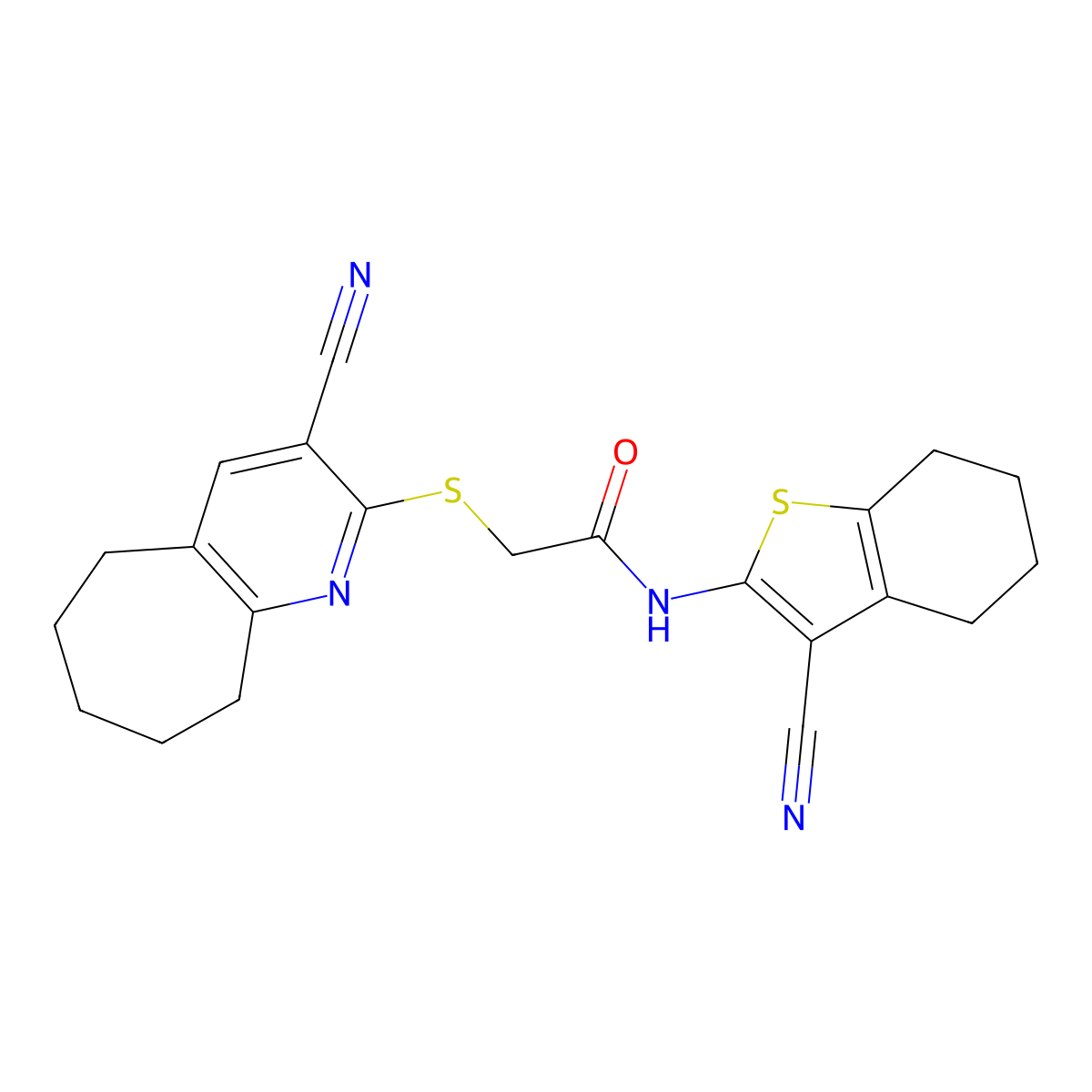 N-(3-cyano-4,5,6,7-tetrahydro-1-benzothiophen-2-yl)-2-[(3-cyano-6,7,8,9-tetrahydro-5H-cyclohepta[b]pyridin-2-yl)sulfanyl]acetamide molecular structure, CAS 443120-81-8