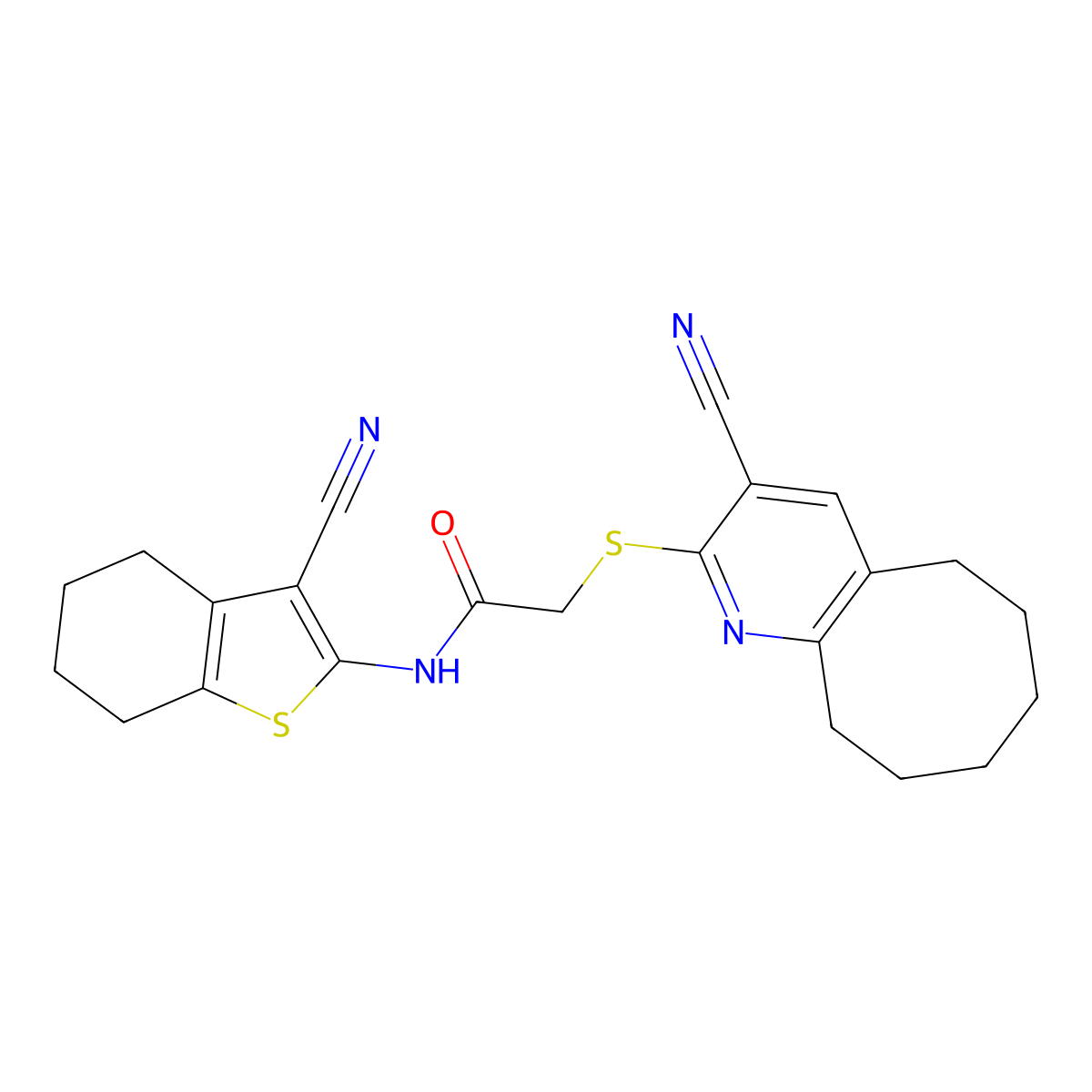 2-[(3-cyano-5,6,7,8,9,10-hexahydrocycloocta[b]pyridin-2-yl)sulfanyl]-N-(3-cyano-4,5,6,7-tetrahydro-1-benzothiophen-2-yl)acetamide molecular structure, CAS 443120-82-9