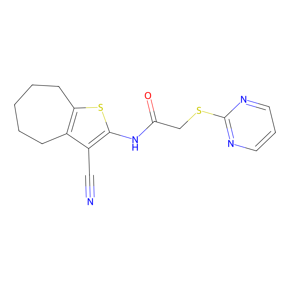 N-(3-cyano-5,6,7,8-tetrahydro-4H-cyclohepta[b]thiophen-2-yl)-2-pyrimidin-2-ylsulfanylacetamide molecular structure, CAS 443120-85-2