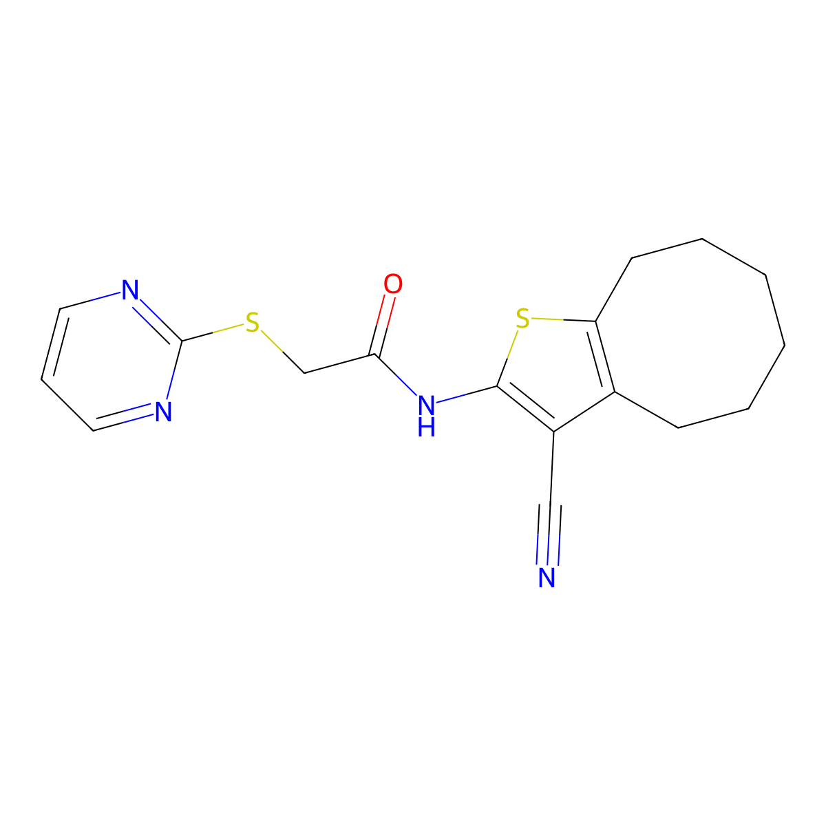 N-(3-cyano-4,5,6,7,8,9-hexahydrocycloocta[b]thiophen-2-yl)-2-pyrimidin-2-ylsulfanylacetamide molecular structure, CAS 443120-97-6