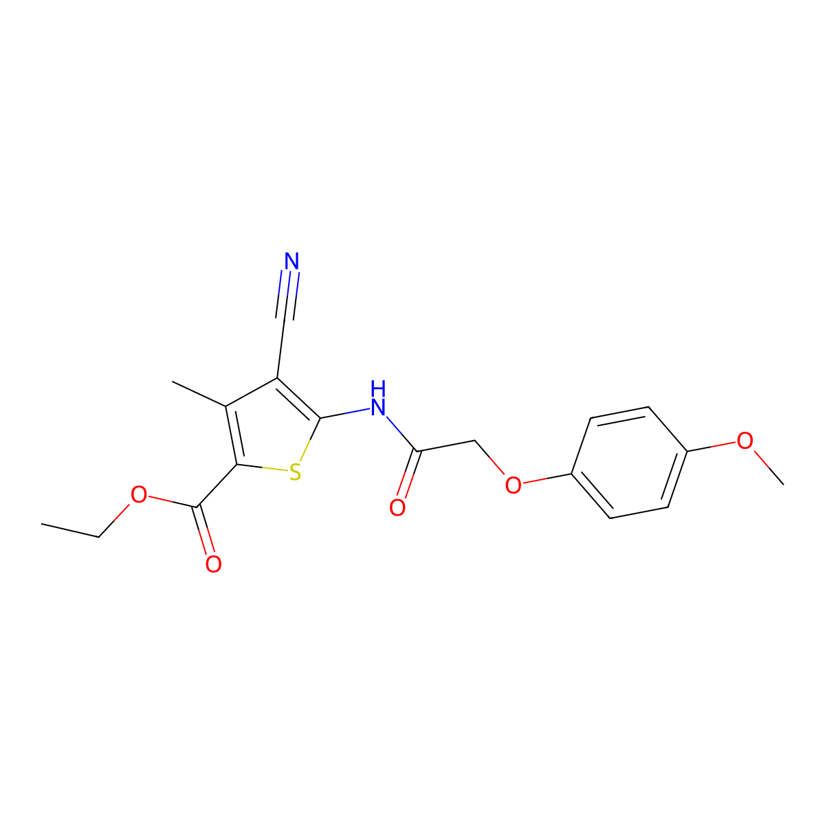 Ethyl 4-cyano-5-{[(4-methoxyphenoxy)acetyl]amino}-3-methylthiophene-2-carboxylate molecular structure, CAS 443121-93-5