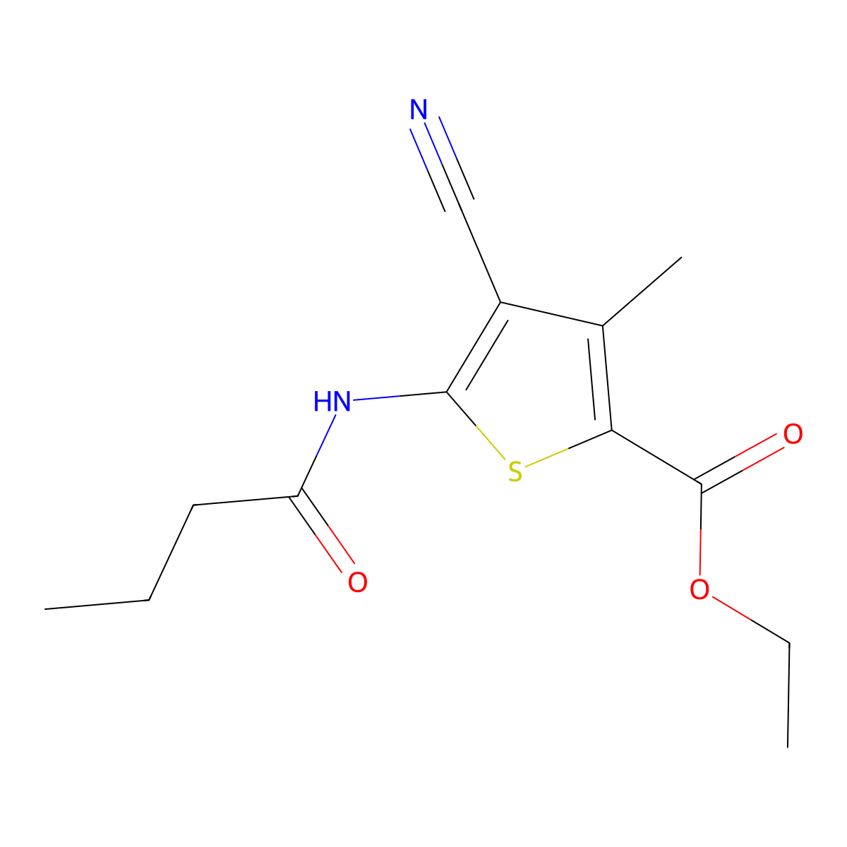 Ethyl 5-(butanoylamino)-4-cyano-3-methylthiophene-2-carboxylate molecular structure, CAS 443122-28-9