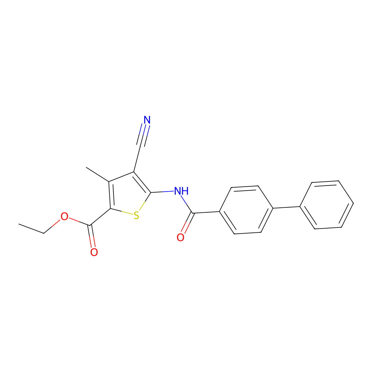 Ethyl 4-cyano-3-methyl-5-[(4-phenylbenzoyl)amino]thiophene-2-carboxylate molecular structure, CAS 443122-46-1