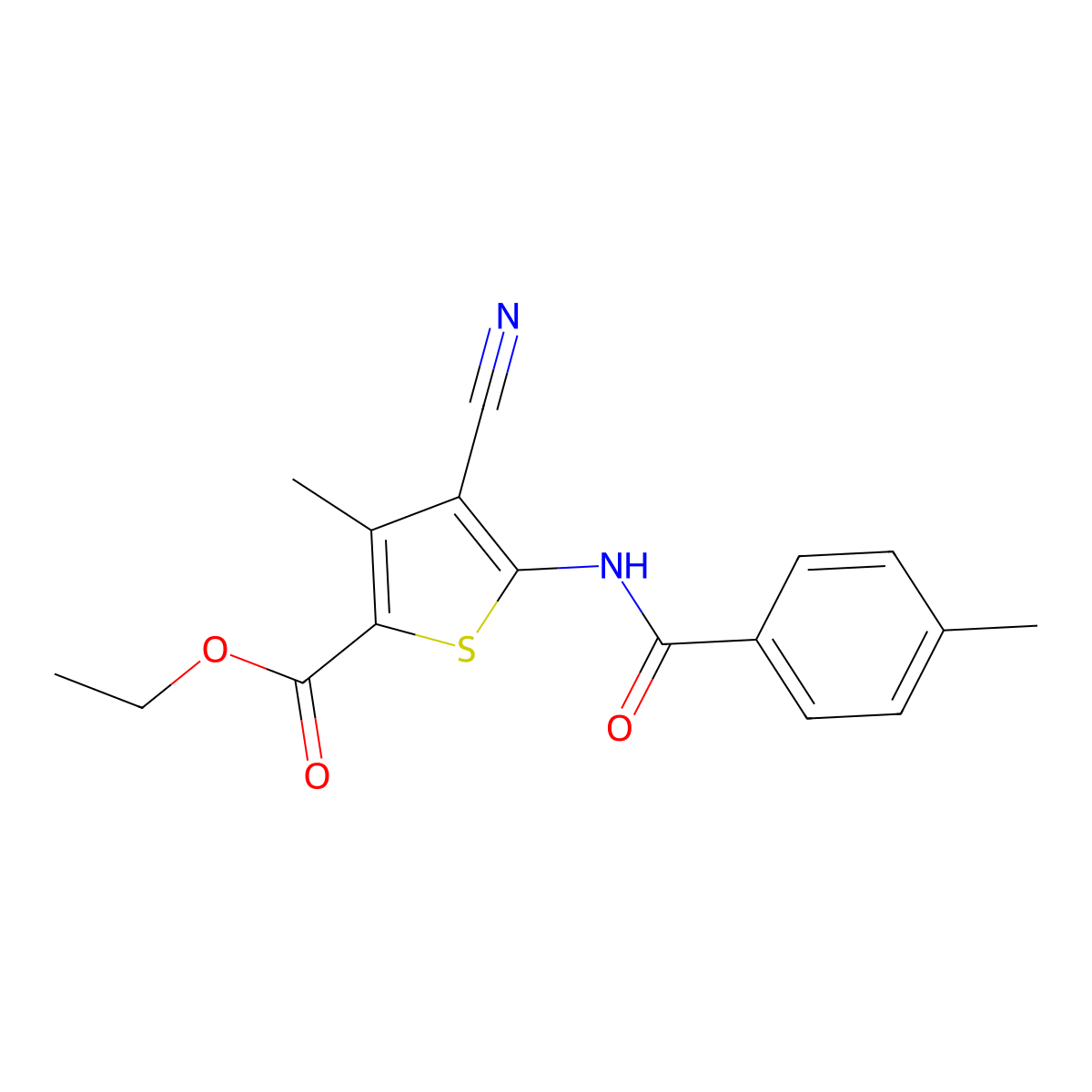 Ethyl 4-cyano-3-methyl-5-(4-methylbenzamido)thiophene-2-carboxylate molecular structure, CAS 443122-60-9