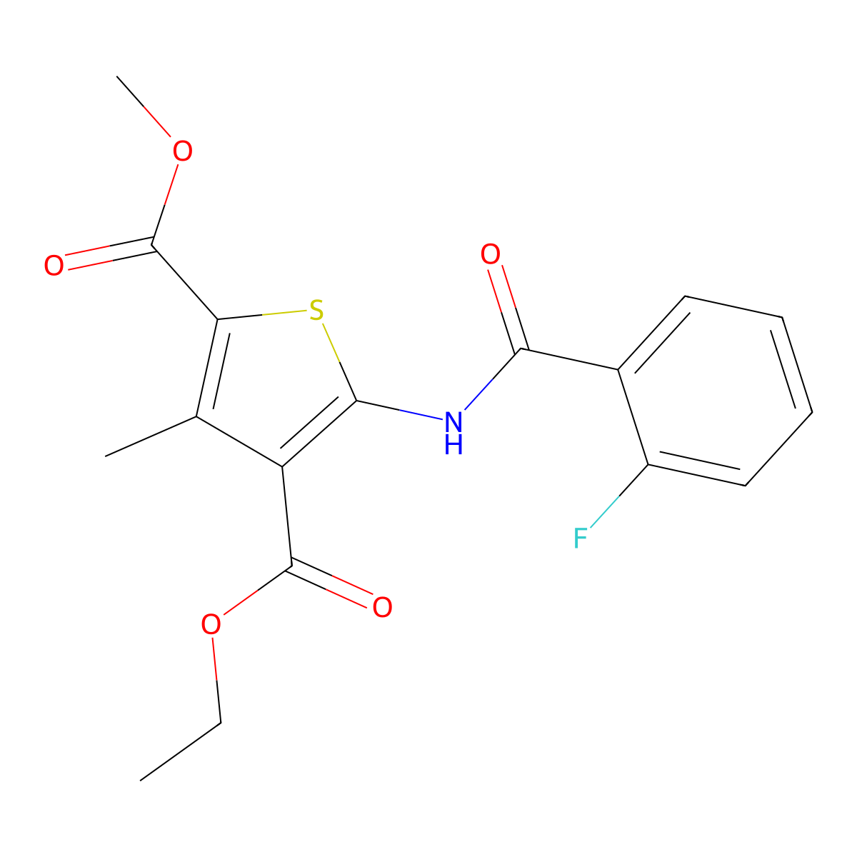 4-Ethyl 2-methyl 5-{[(2-fluorophenyl)carbonyl]amino}-3-methylthiophene-2,4-dicarboxylate molecular structure, CAS 443122-93-8