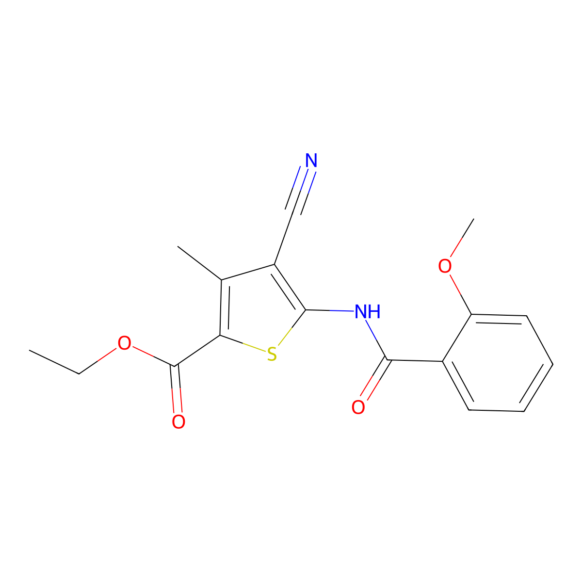 Ethyl 4-cyano-5-(2-methoxybenzamido)-3-methylthiophene-2-carboxylate molecular structure, CAS 443123-16-8