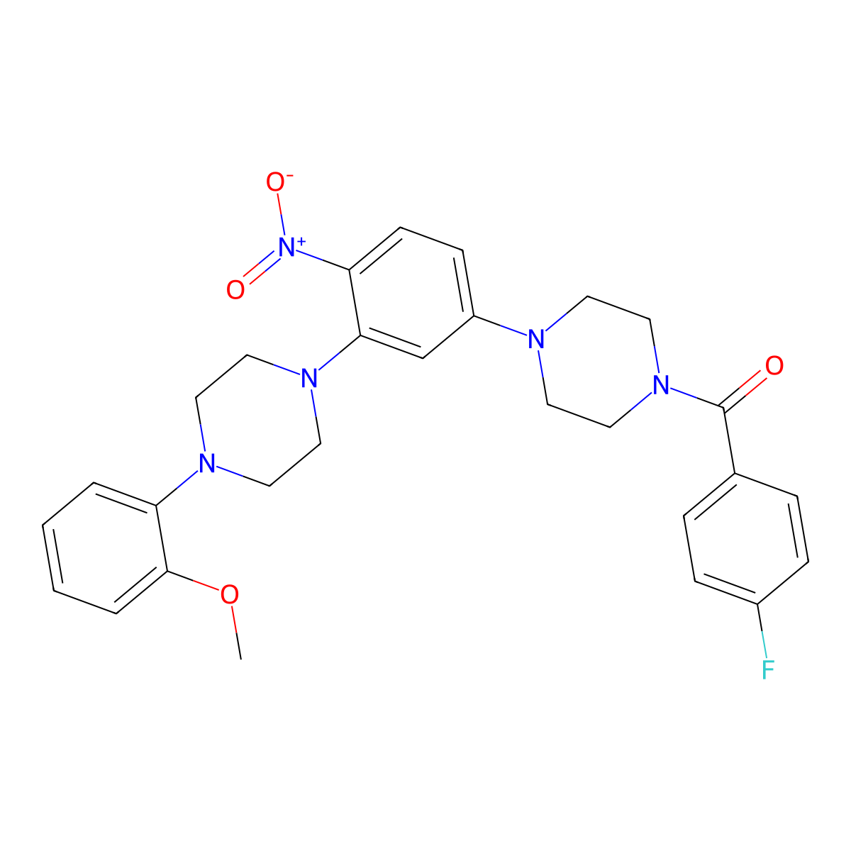 (4-Fluorophenyl)(4-(3-(4-(2-methoxyphenyl)piperazin-1-yl)-4-nitrophenyl)piperazin-1-yl)methanone molecular structure, CAS 443289-35-8