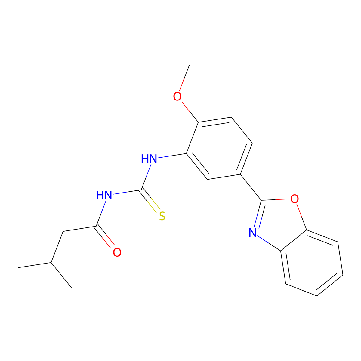 N-[[5-(1,3-benzoxazol-2-yl)-2-methoxyphenyl]carbamothioyl]-3-methylbutanamide molecular structure, CAS 443291-13-2