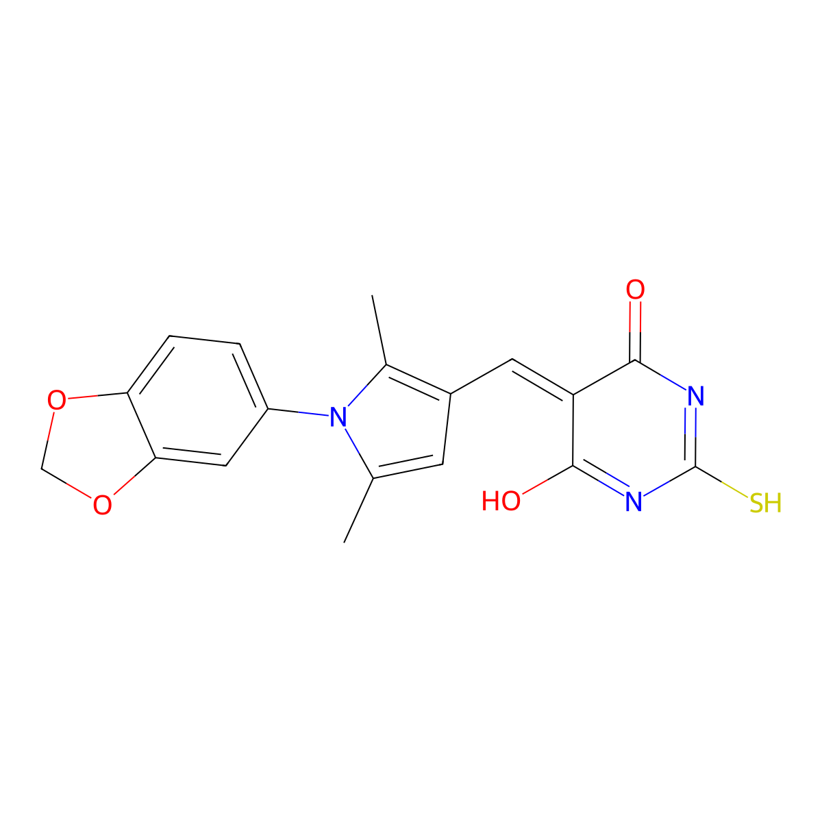 5-{[1-(1,3-benzodioxol-5-yl)-2,5-dimethyl-1H-pyrrol-3-yl]methylene}-2-thioxodihydro-4,6(1H,5H)-pyrimidinedione molecular structure, CAS 443298-32-6