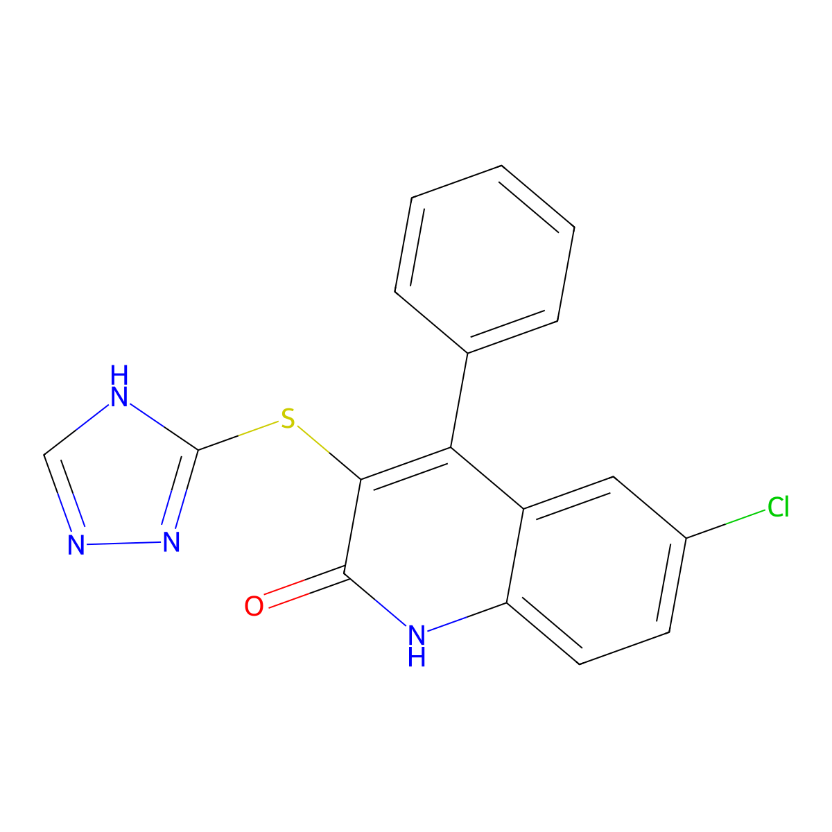6-chloro-4-phenyl-3-(4H-1,2,4-triazol-3-ylsulfanyl)quinolin-2-ol molecular structure, CAS 443322-16-5