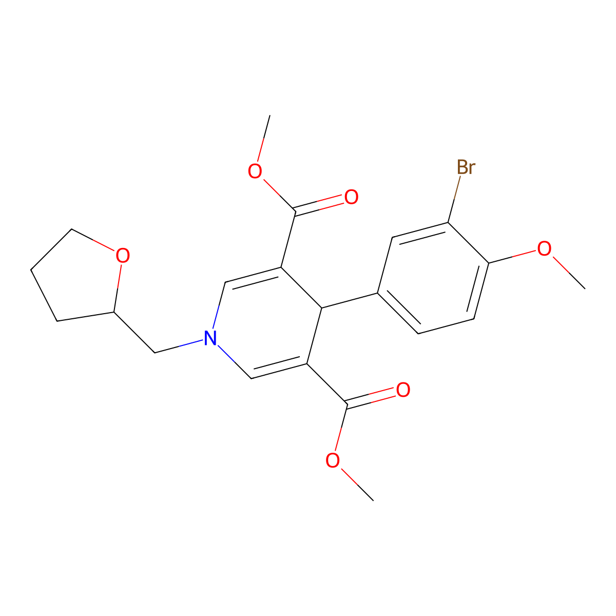 Dimethyl 4-(3-bromo-4-methoxyphenyl)-1-(tetrahydrofuran-2-ylmethyl)-1,4-dihydropyridine-3,5-dicarboxylate molecular structure, CAS 443326-25-8