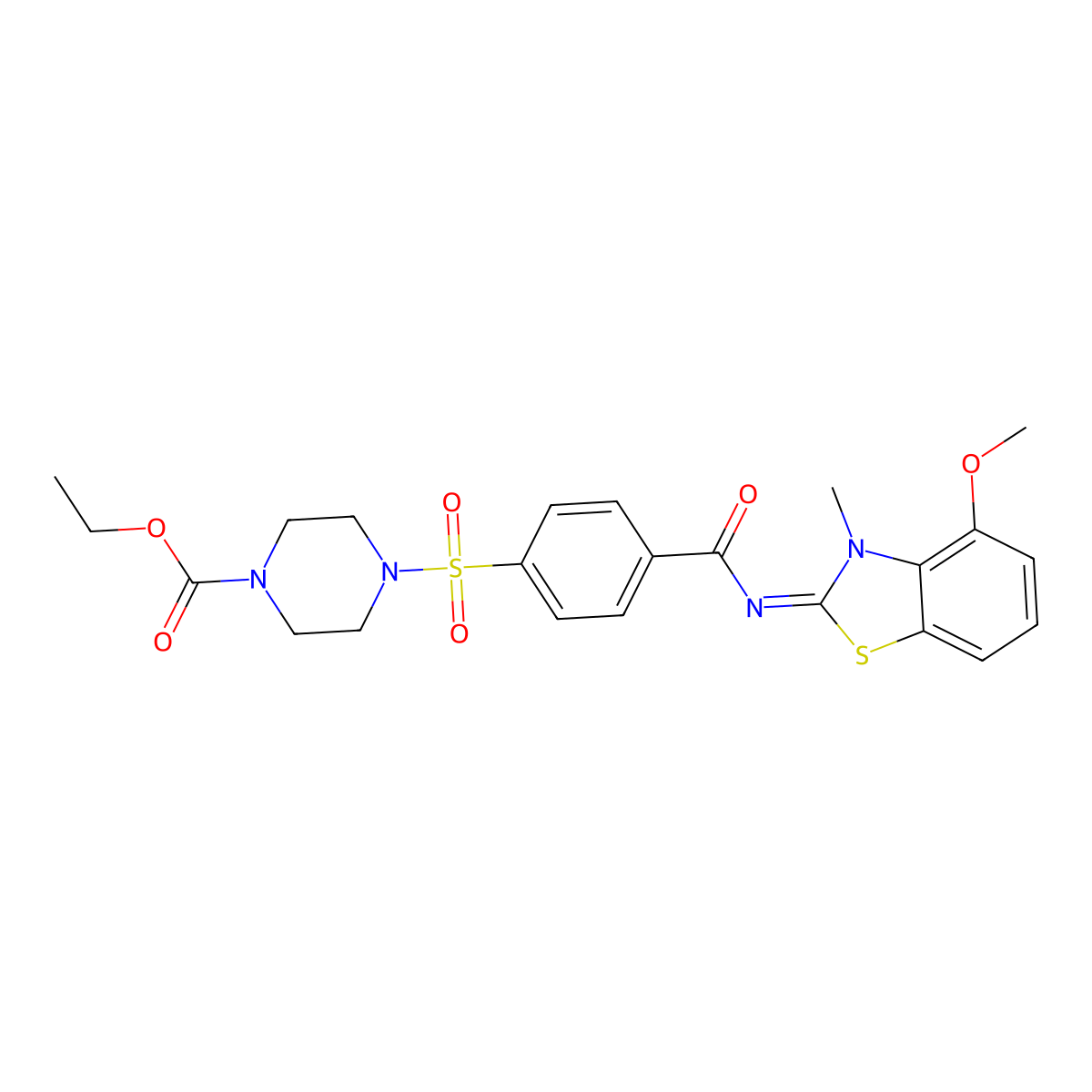 (E)-ethyl 4-((4-((4-methoxy-3-methylbenzo[d]thiazol-2(3H)-ylidene)carbamoyl)phenyl)sulfonyl)piperazine-1-carboxylate molecular structure, CAS 443330-30-1