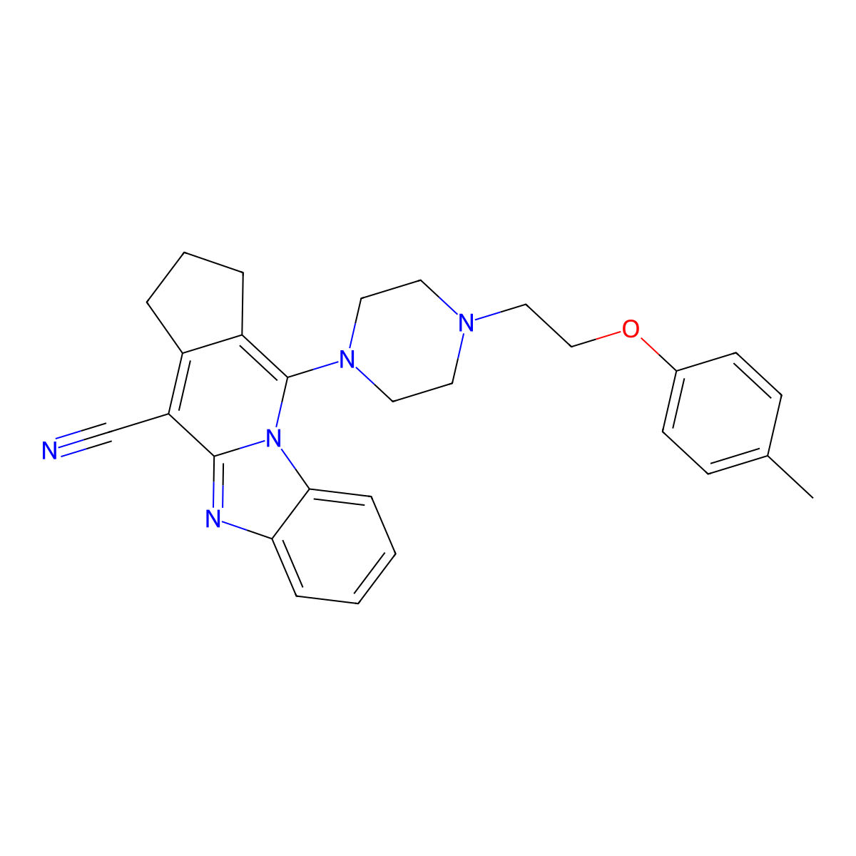 11-(4-(2-(p-tolyloxy)ethyl)piperazin-1-yl)-2,3-dihydro-1H-benzo[4,5]imidazo[1,2-a]cyclopenta[d]pyridine-4-carbonitrile molecular structure, CAS 443332-24-9