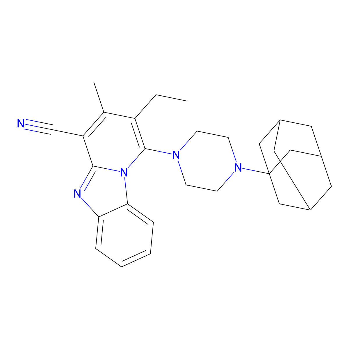 13-[4-(Adamantan-1-yl)piperazin-1-yl]-12-ethyl-11-methyl-1,8-diazatricyclo[7.4.0.0^{2,7}]trideca-2(7),3,5,8,10,12-hexaene-10-carbonitrile molecular structure, CAS 443332-35-2