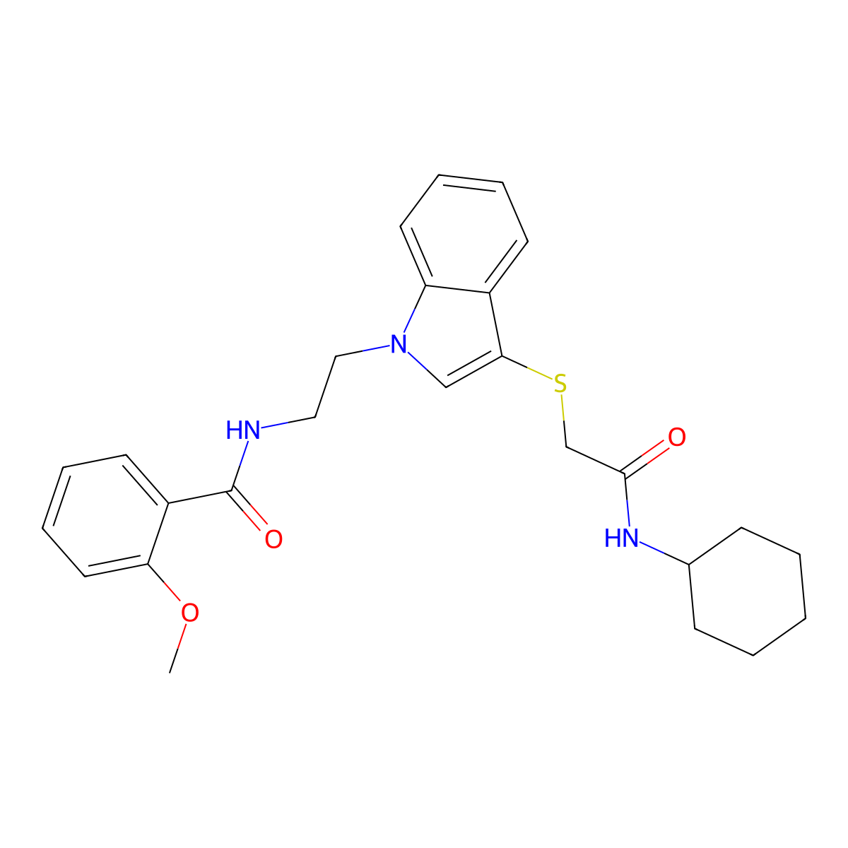 N-(2-(3-((2-(cyclohexylamino)-2-oxoethyl)thio)-1H-indol-1-yl)ethyl)-2-methoxybenzamide molecular structure, CAS 443332-66-9