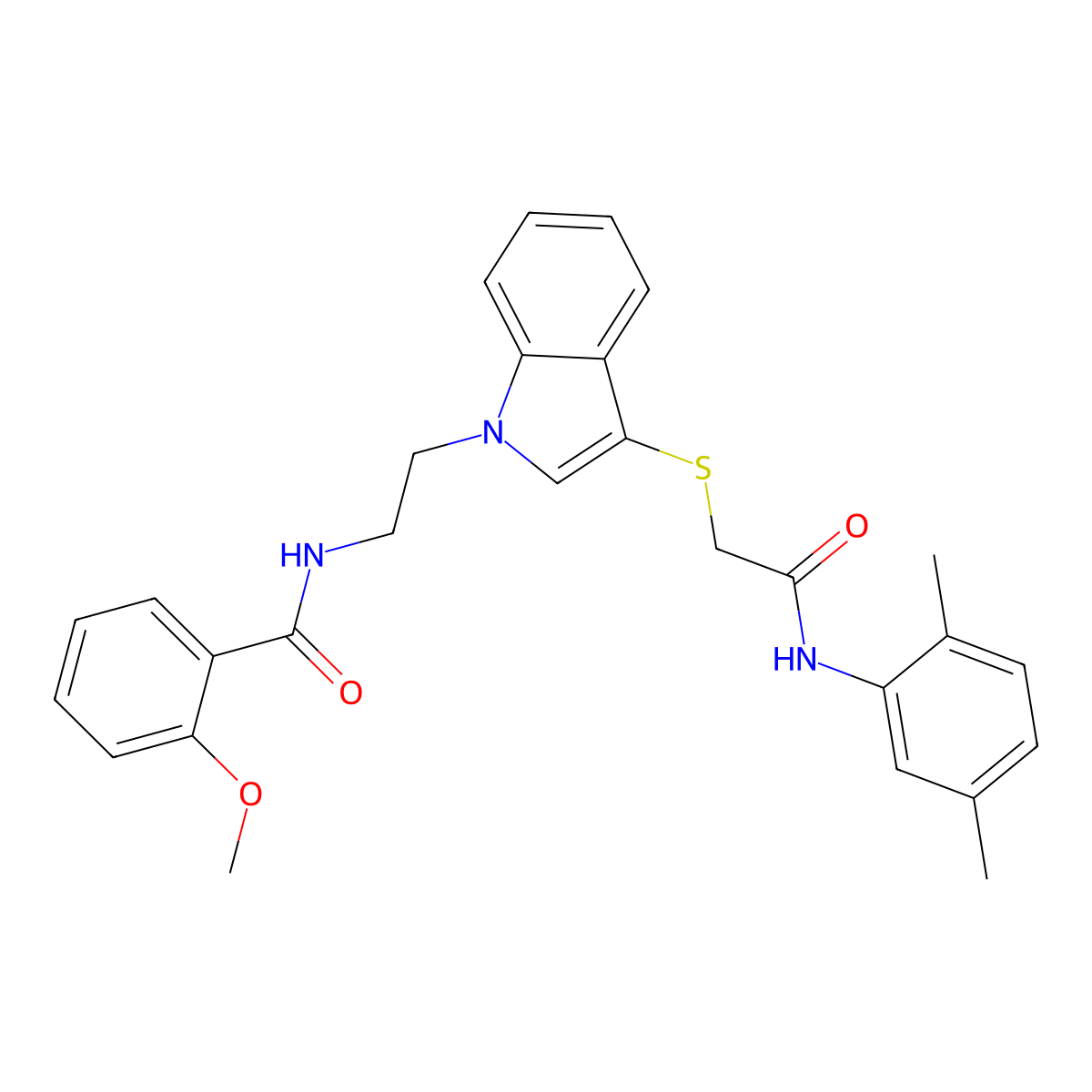 N-(2-(3-((2-((2,5-dimethylphenyl)amino)-2-oxoethyl)thio)-1H-indol-1-yl)ethyl)-2-methoxybenzamide molecular structure, CAS 443332-89-6