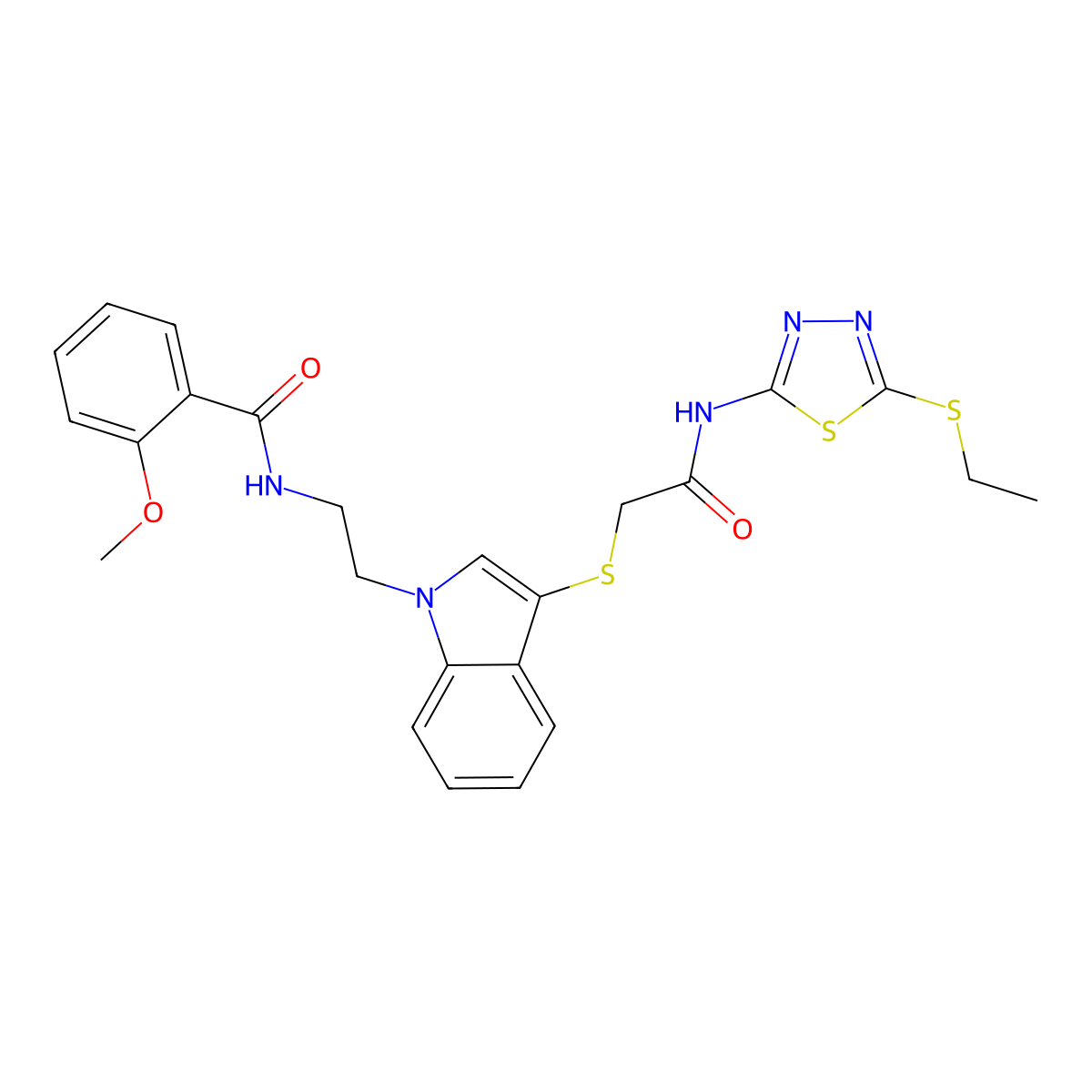 N-(2-(3-((2-((5-(ethylthio)-1,3,4-thiadiazol-2-yl)amino)-2-oxoethyl)thio)-1H-indol-1-yl)ethyl)-2-methoxybenzamide molecular structure, CAS 443333-01-5