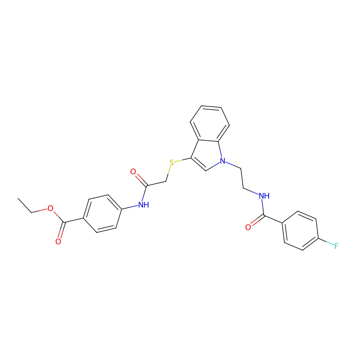 Ethyl 4-[[2-[1-[2-[(4-fluorobenzoyl)amino]ethyl]indol-3-yl]sulfanylacetyl]amino]benzoate molecular structure, CAS 443333-27-5