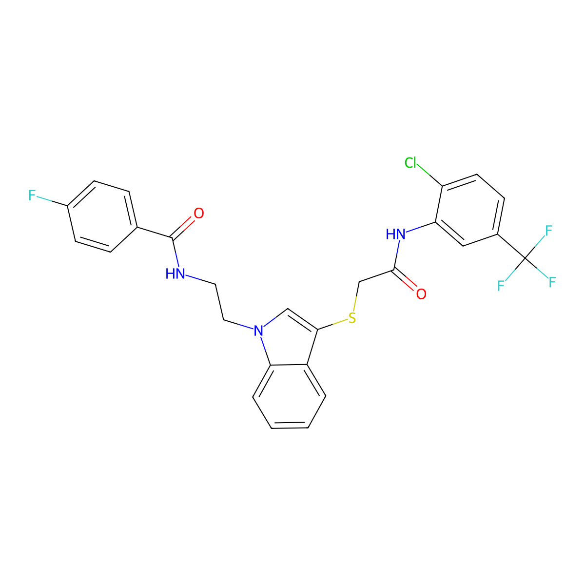 N-(2-{3-[({[2-chloro-5-(trifluoromethyl)phenyl]carbamoyl}methyl)sulfanyl]-1H-indol-1-yl}ethyl)-4-fluorobenzamide molecular structure, CAS 443333-36-6