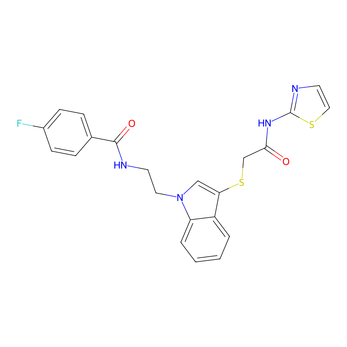 4-fluoro-N-(2-(3-((2-oxo-2-(thiazol-2-ylamino)ethyl)thio)-1H-indol-1-yl)ethyl)benzamide molecular structure, CAS 443333-37-7