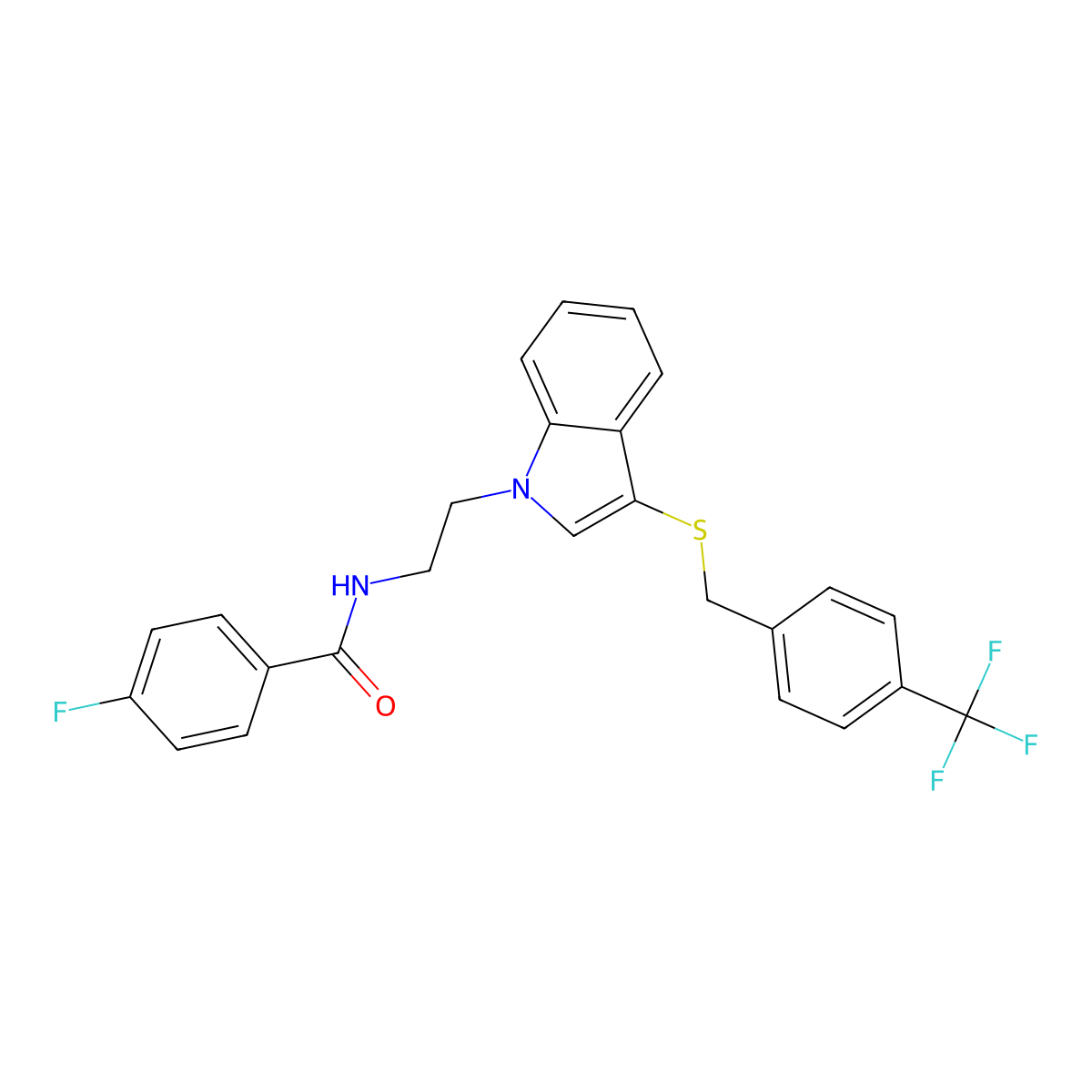 4-fluoro-N-[2-[3-[[4-(trifluoromethyl)phenyl]methylsulfanyl]indol-1-yl]ethyl]benzamide molecular structure, CAS 443333-47-9