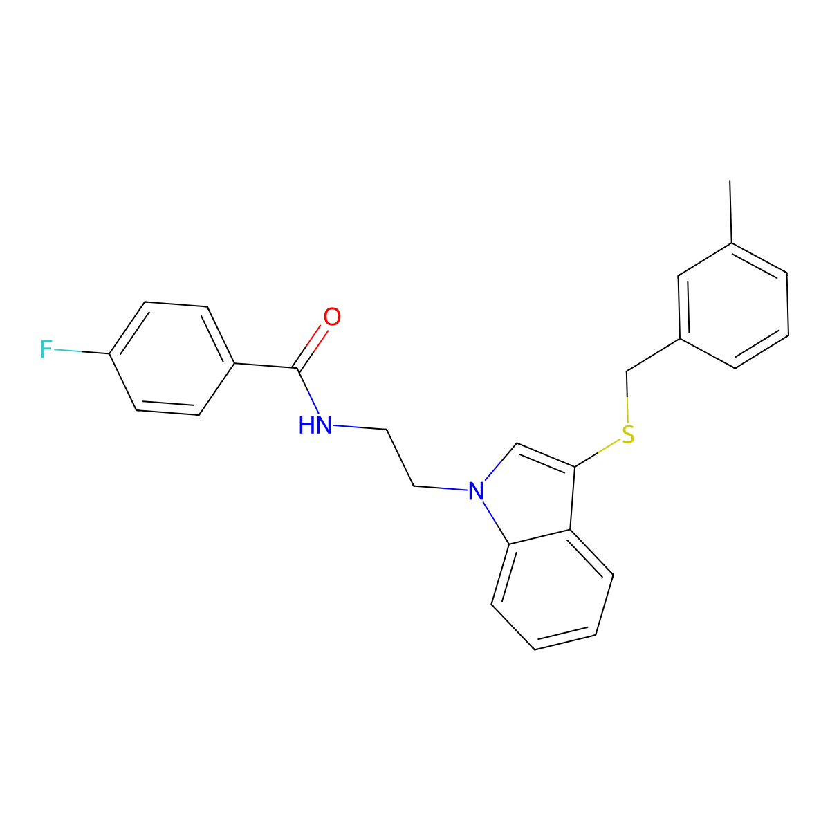 4-fluoro-N-(2-(3-((3-methylbenzyl)thio)-1H-indol-1-yl)ethyl)benzamide molecular structure, CAS 443333-48-0