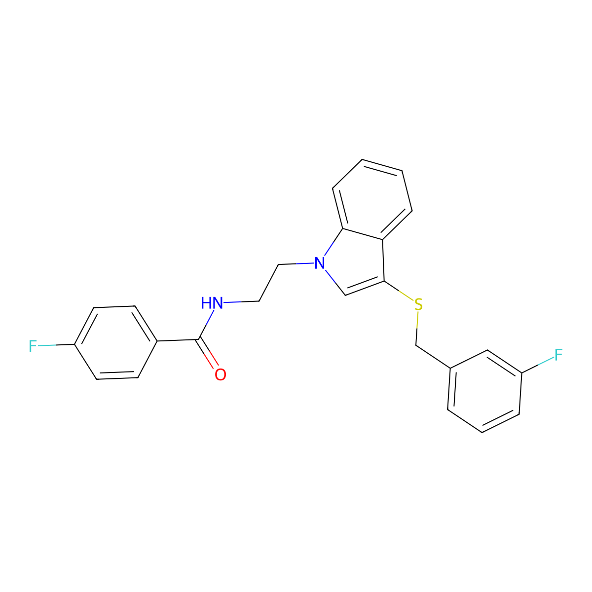 4-fluoro-N-[2-[3-[(3-fluorophenyl)methylsulfanyl]indol-1-yl]ethyl]benzamide molecular structure, CAS 443333-50-4