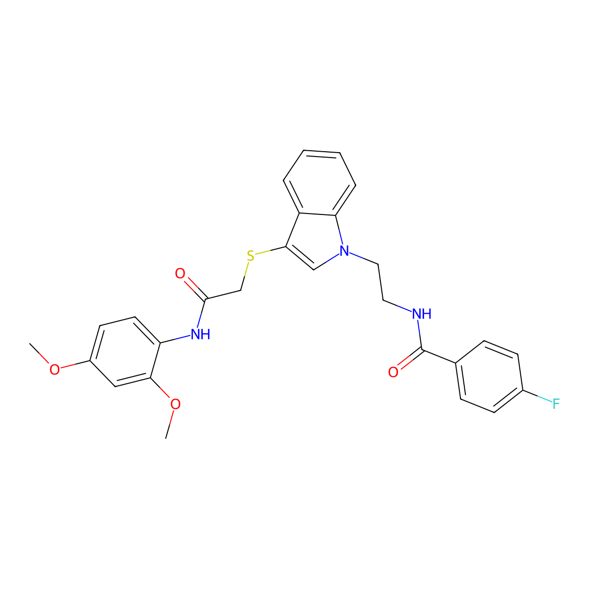N-[2-[3-[2-(2,4-dimethoxyanilino)-2-oxoethyl]sulfanylindol-1-yl]ethyl]-4-fluorobenzamide molecular structure, CAS 443333-52-6