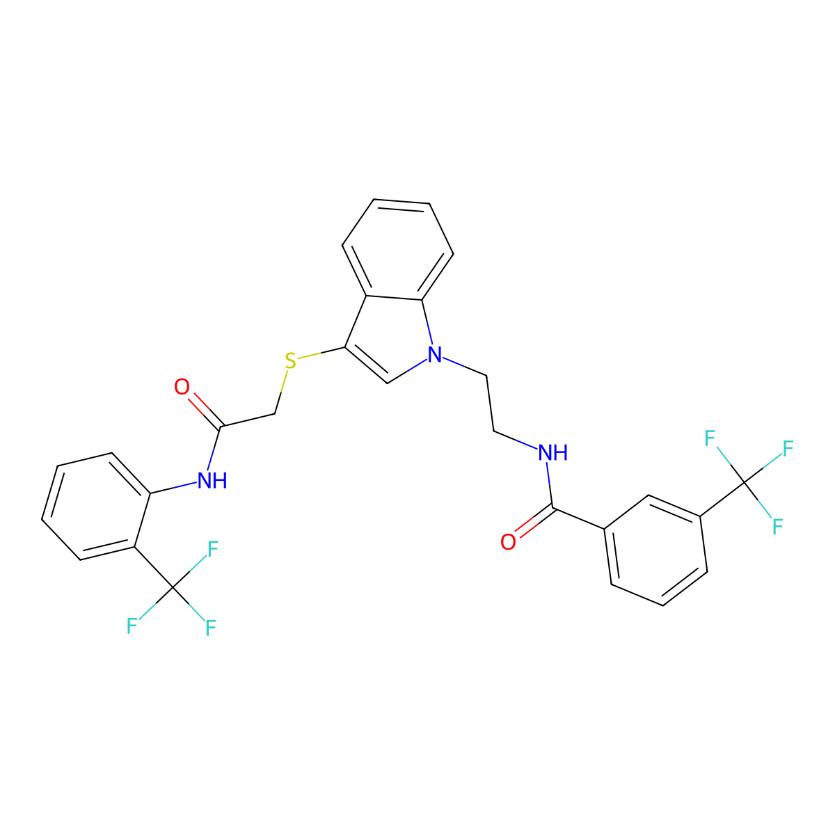 N-(2-(3-((2-oxo-2-((2-(trifluoromethyl)phenyl)amino)ethyl)thio)-1H-indol-1-yl)ethyl)-3-(trifluoromethyl)benzamide molecular structure, CAS 443333-56-0