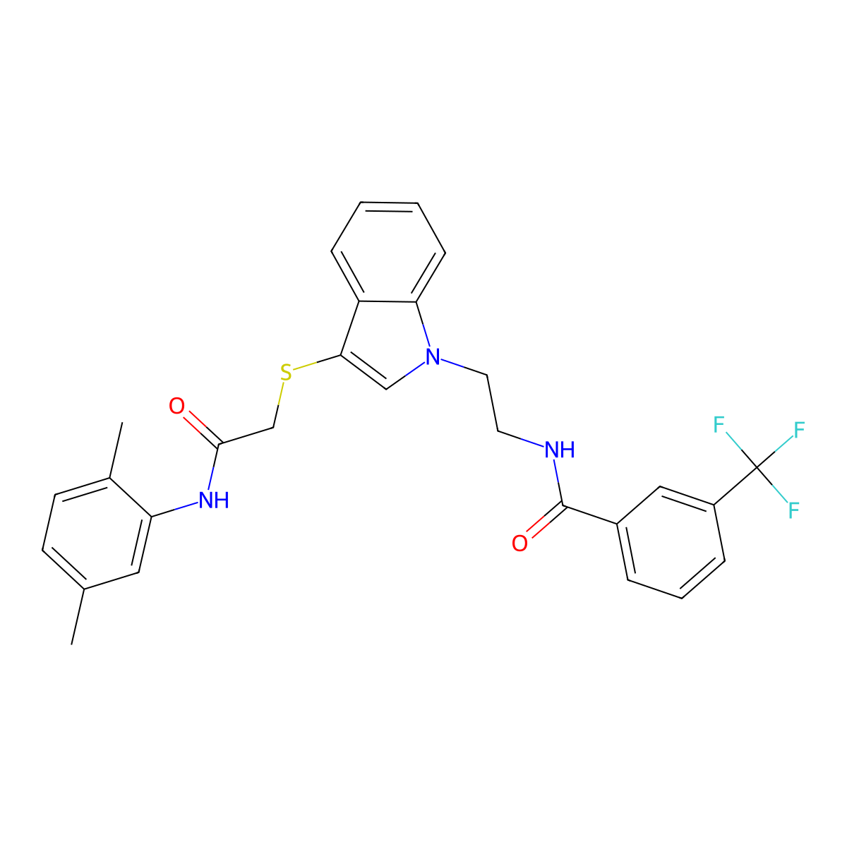 N-[2-[3-[2-(2,5-dimethylanilino)-2-oxoethyl]sulfanylindol-1-yl]ethyl]-3-(trifluoromethyl)benzamide molecular structure, CAS 443333-63-9