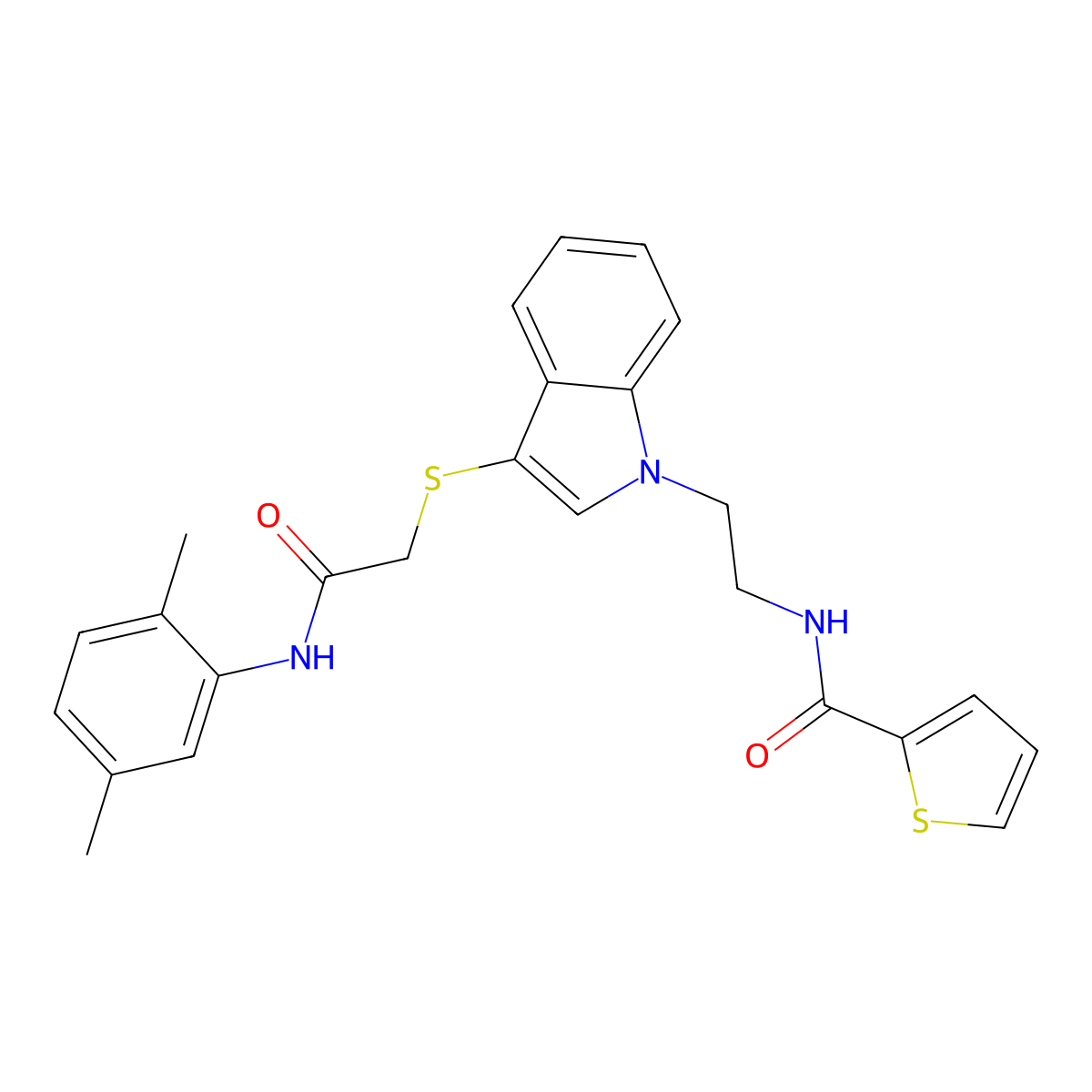 N-(2-(3-((2-((2,5-dimethylphenyl)amino)-2-oxoethyl)thio)-1H-indol-1-yl)ethyl)thiophene-2-carboxamide molecular structure, CAS 443333-72-0