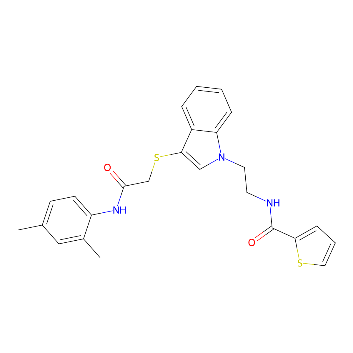 N-(2-(3-((2-((2,4-dimethylphenyl)amino)-2-oxoethyl)thio)-1H-indol-1-yl)ethyl)thiophene-2-carboxamide molecular structure, CAS 443333-73-1
