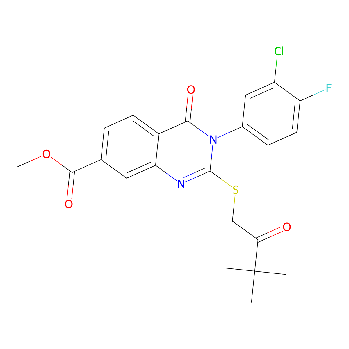 Methyl 3-(3-chloro-4-fluorophenyl)-2-((3,3-dimethyl-2-oxobutyl)thio)-4-oxo-3,4-dihydroquinazoline-7-carboxylate molecular structure, CAS 443347-65-7