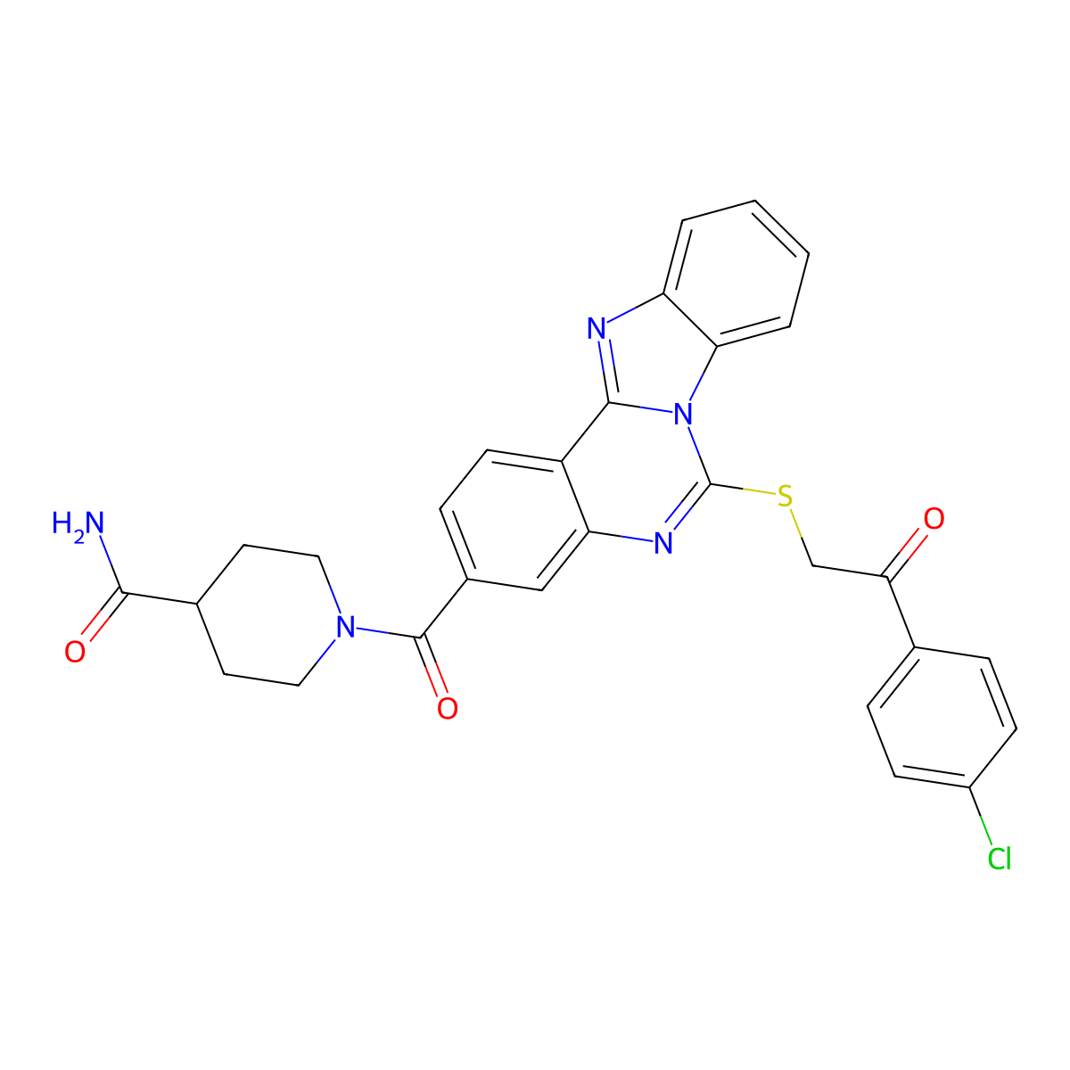 1-[6-[2-(4-Chlorophenyl)-2-oxoethyl]sulfanylbenzimidazolo[1,2-c]quinazoline-3-carbonyl]piperidine-4-carboxamide molecular structure, CAS 443348-06-9