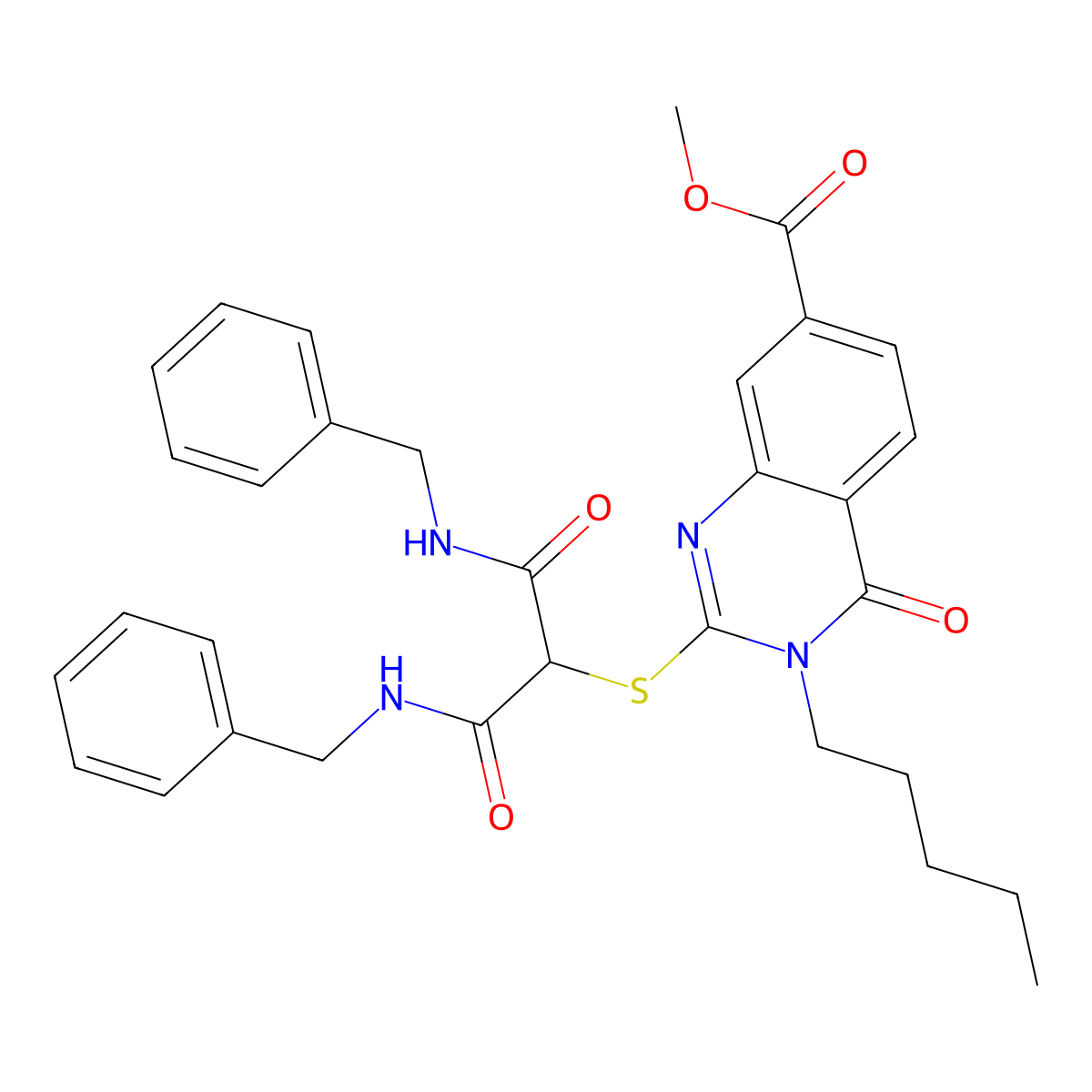 Methyl 2-{[bis(benzylcarbamoyl)methyl]sulfanyl}-4-oxo-3-pentyl-3,4-dihydroquinazoline-7-carboxylate molecular structure, CAS 443348-10-5