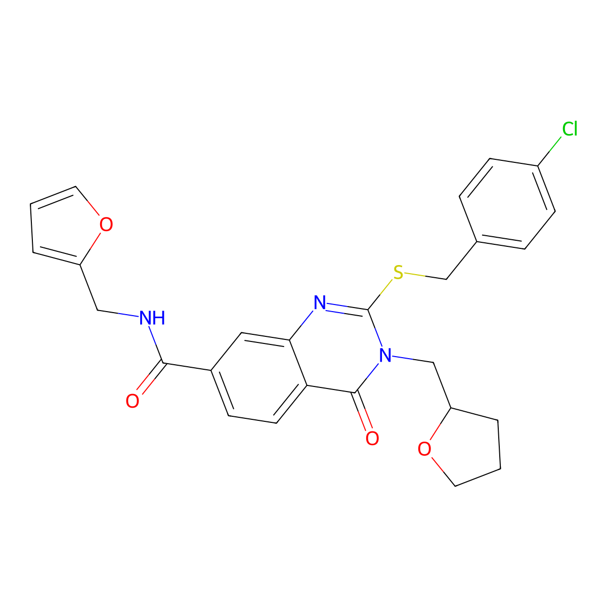 2-((4-chlorobenzyl)thio)-N-(furan-2-ylmethyl)-4-oxo-3-((tetrahydrofuran-2-yl)methyl)-3,4-dihydroquinazoline-7-carboxamide molecular structure, CAS 443348-20-7